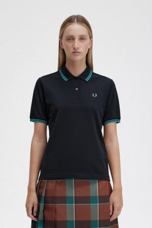 Dámské Polo Triko Fred Perry G3600 Černé Tmavě Mátově Zelená Tmavě Mátově Zelená | ZCZNQ95950