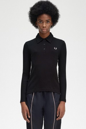 Dámské Polo Triko Fred Perry Long Sleeve Žebrovaný Černé | CZQAV61545