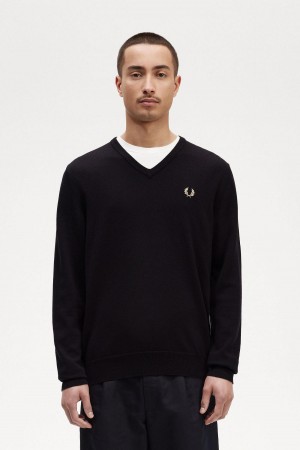 Pánské Knitwear Fred Perry Classic V-Neck Jumper Černé | TCZWZ45062