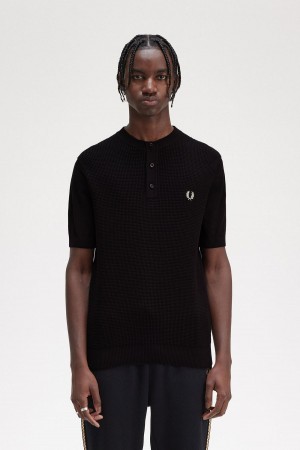 Pánské Knitwear Fred Perry Waffle Stitch Henley Shirt Černé | MCZFT50112