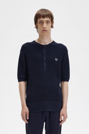 Pánské Knitwear Fred Perry Žebrovaný Pletené Henley Top Tmavě Blankyt | CZXBR22483