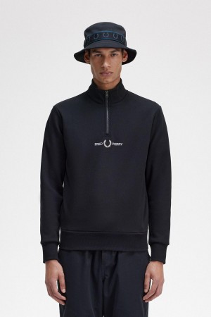 Pánské Mikiny Fred Perry Embroidered Half Zip Černé | PCZQX87262