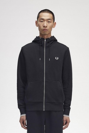 Pánské Mikiny Fred Perry S Kapucí Zip Through Černé | CZXMI74909