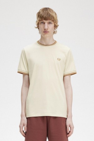 Pánské Tričko Fred Perry Twin Tipped Oatmeal | CZXBR25958