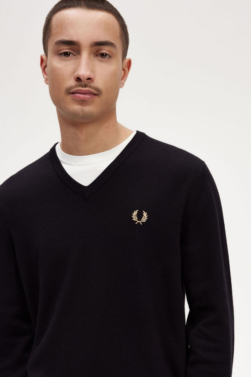 Pánské Knitwear Fred Perry Classic V-Neck Jumper Černé | TCZWZ45062