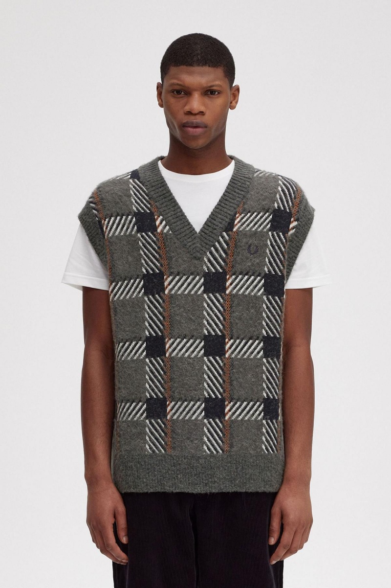 Pánské Knitwear Fred Perry Glitch Tartan Pletené Tank Zelene | ZCZMJ49071