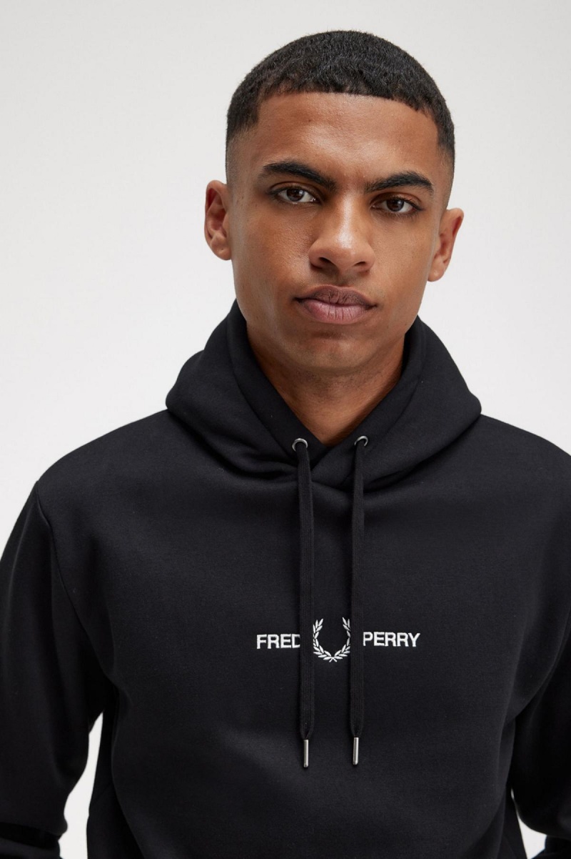 Pánské Mikiny Fred Perry Embroidered S Kapucí Černé | LCZTR88831