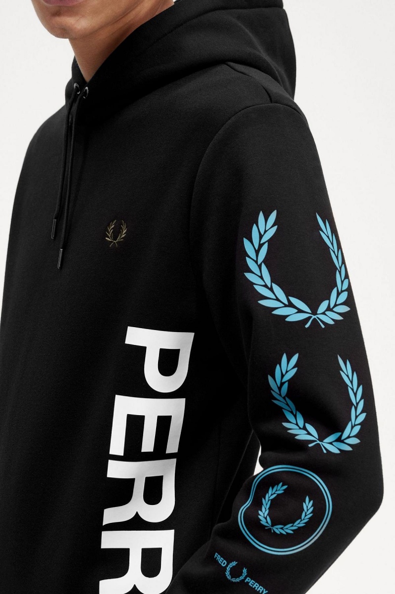 Pánské Mikiny Fred Perry Grafická Branding S Kapucí Černé | SCZVO84012