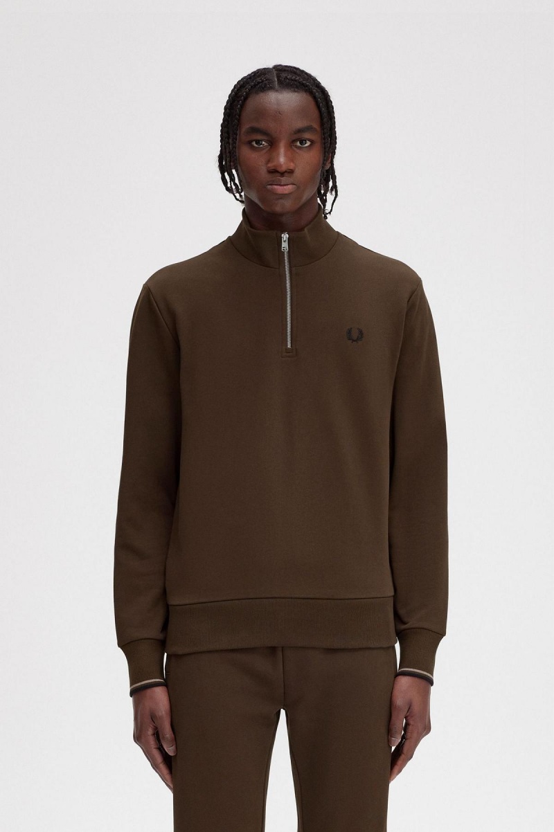 Pánské Mikiny Fred Perry Half Zip Burnt Tobacco | MCZHR23451