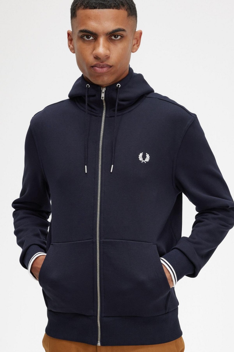 Pánské Mikiny Fred Perry S Kapucí Zip Through Tmavě Blankyt | BCZSO44978