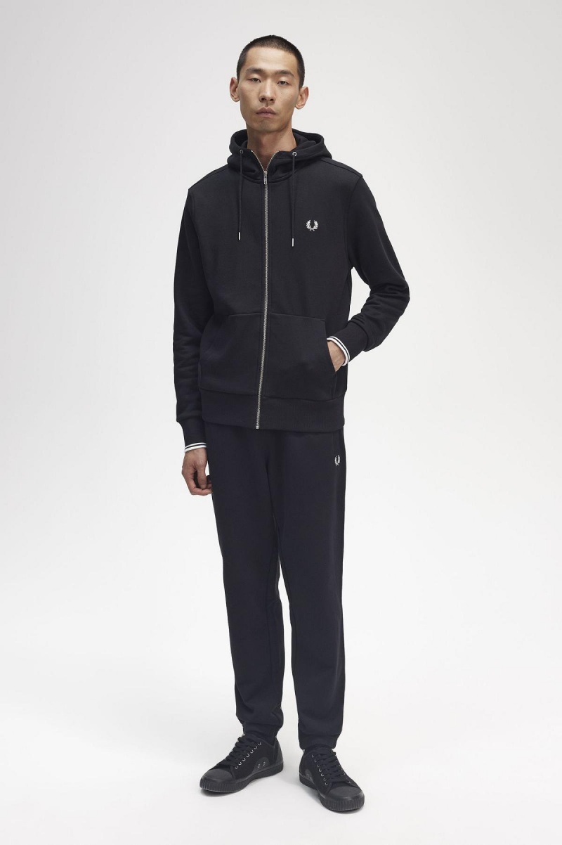 Pánské Mikiny Fred Perry S Kapucí Zip Through Černé | CZXMI74909