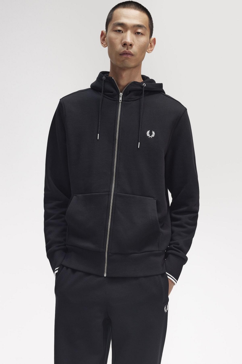 Pánské Mikiny Fred Perry S Kapucí Zip Through Černé | CZXMI74909