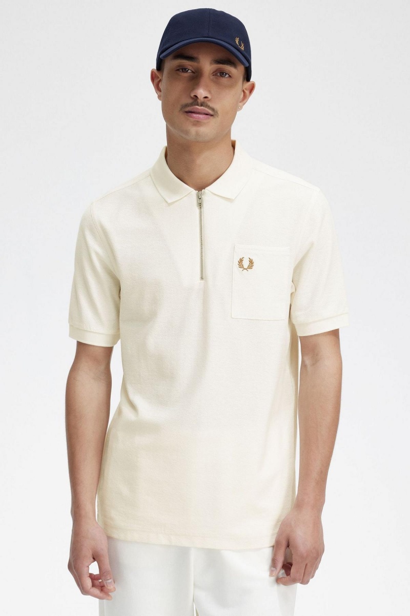 Pánské Polo Triko Fred Perry Textured Zip Neck Polo Shirt Ecru | XCZBH73491