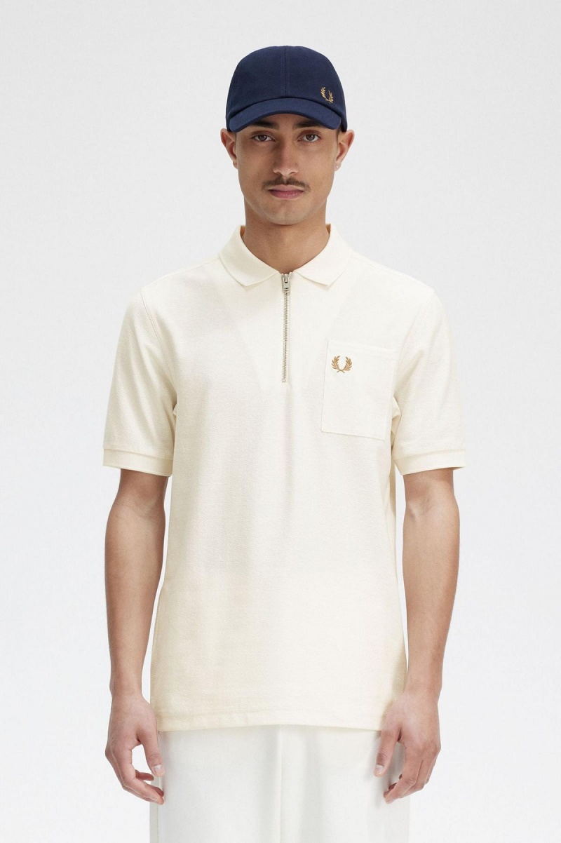 Pánské Polo Triko Fred Perry Textured Zip Neck Polo Shirt Ecru | XCZBH73491