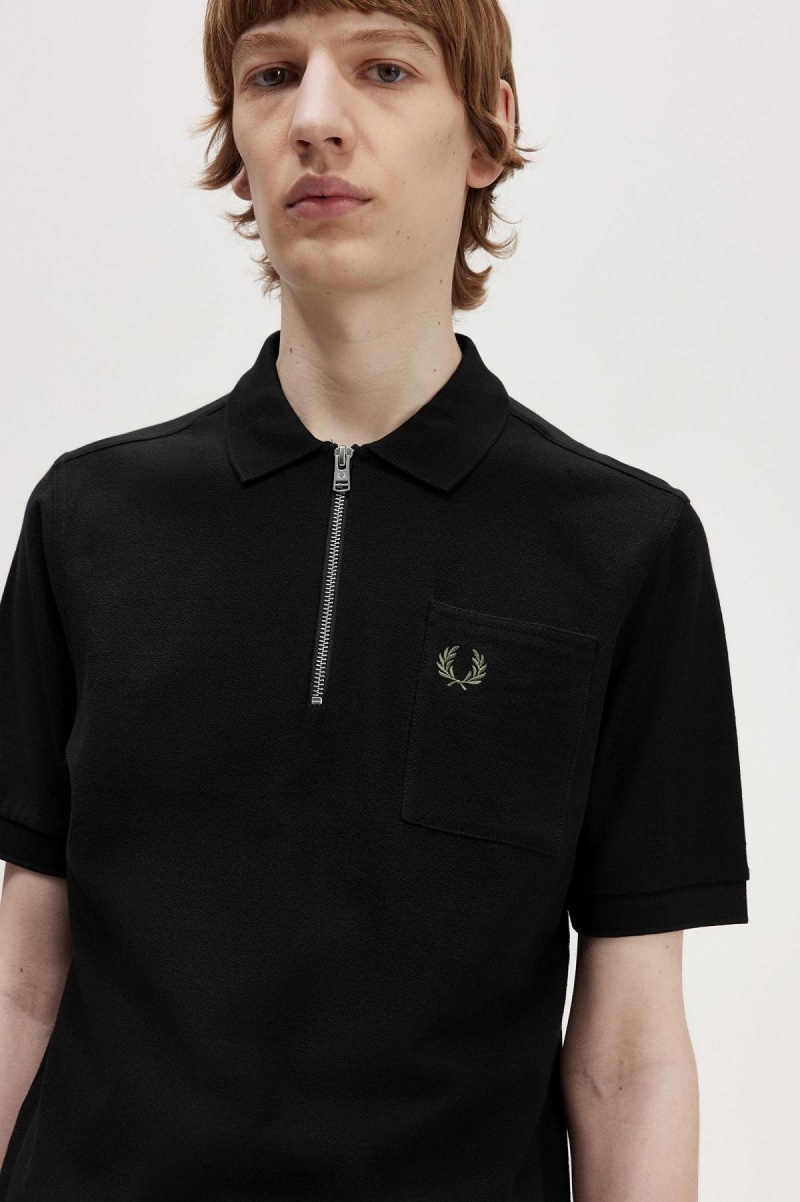 Pánské Polo Triko Fred Perry Textured Zip Neck Polo Shirt Černé | MCZFT25535