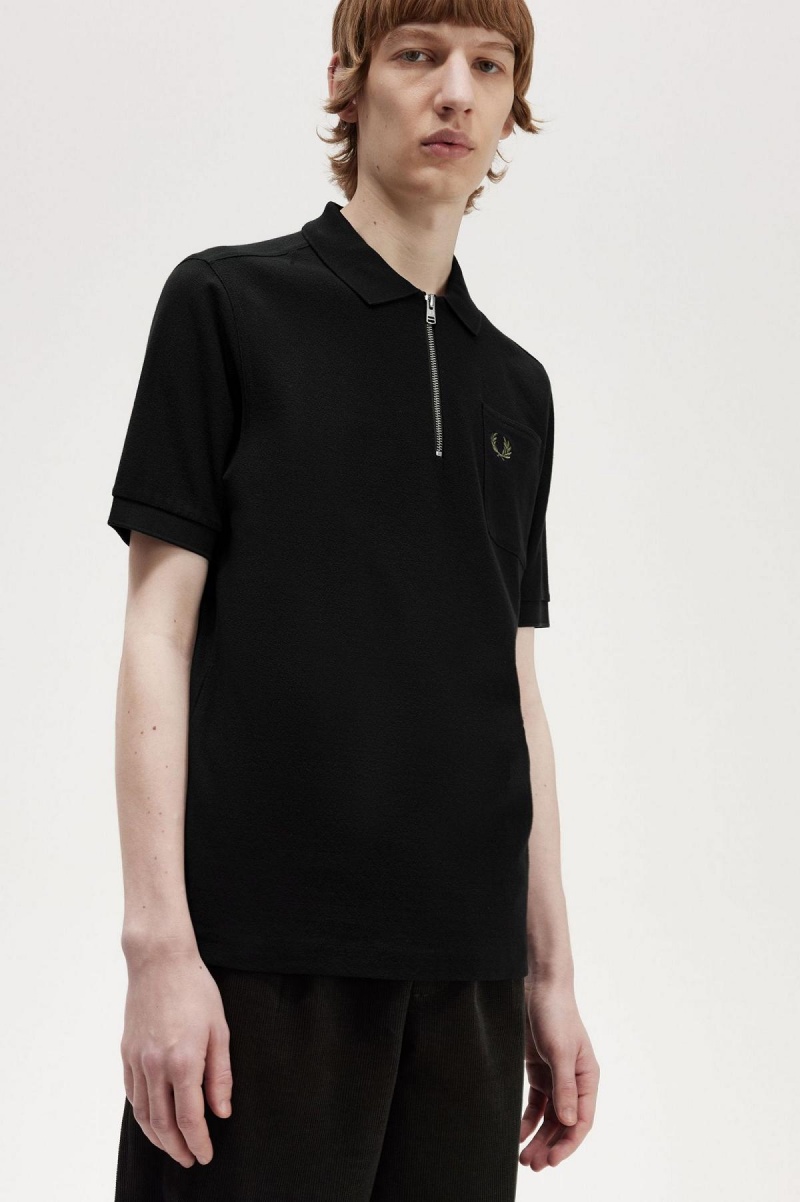 Pánské Polo Triko Fred Perry Textured Zip Neck Polo Shirt Černé | MCZFT25535