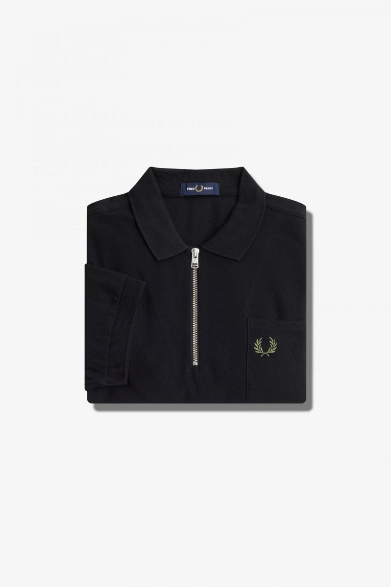 Pánské Polo Triko Fred Perry Textured Zip Neck Polo Shirt Černé | MCZFT25535