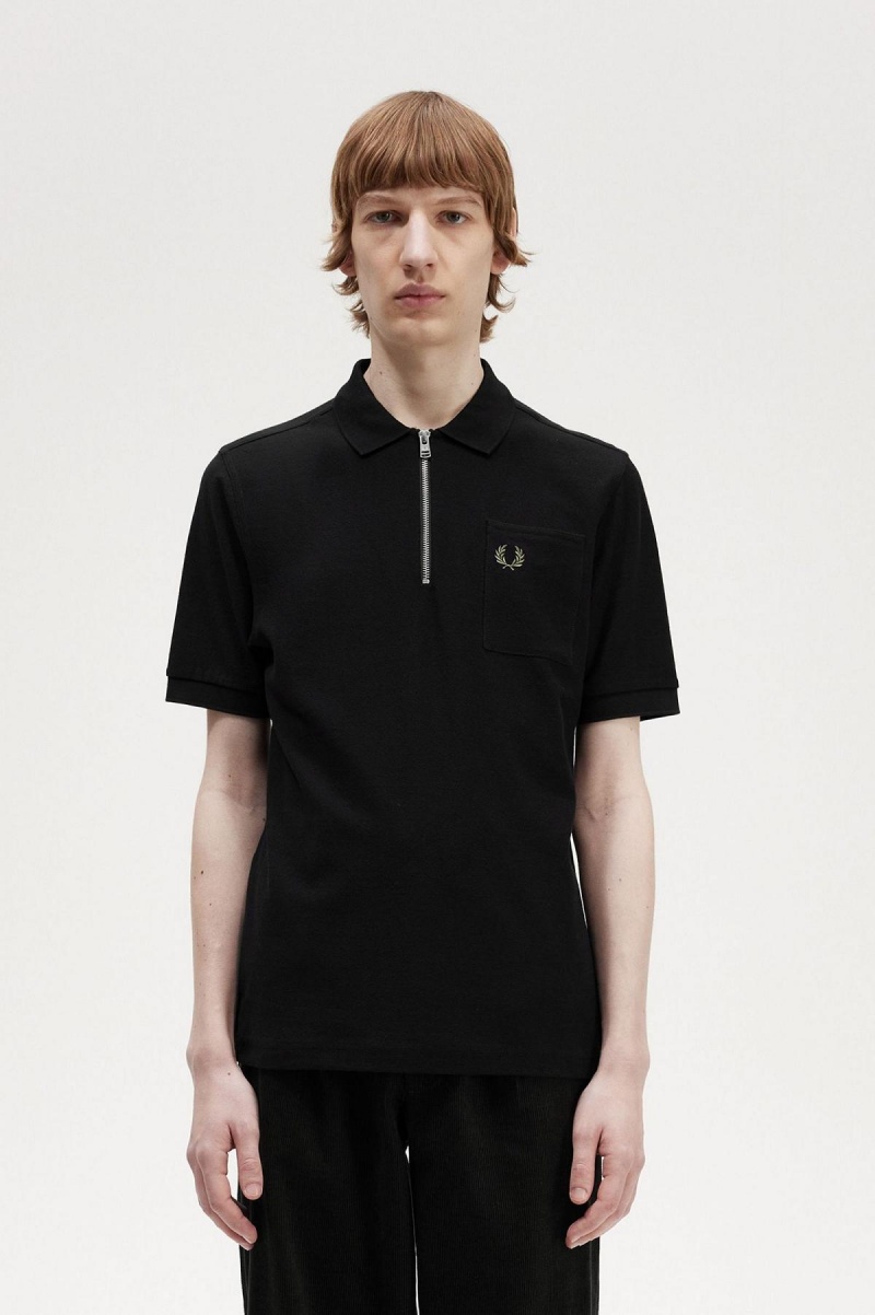 Pánské Polo Triko Fred Perry Textured Zip Neck Polo Shirt Černé | MCZFT25535